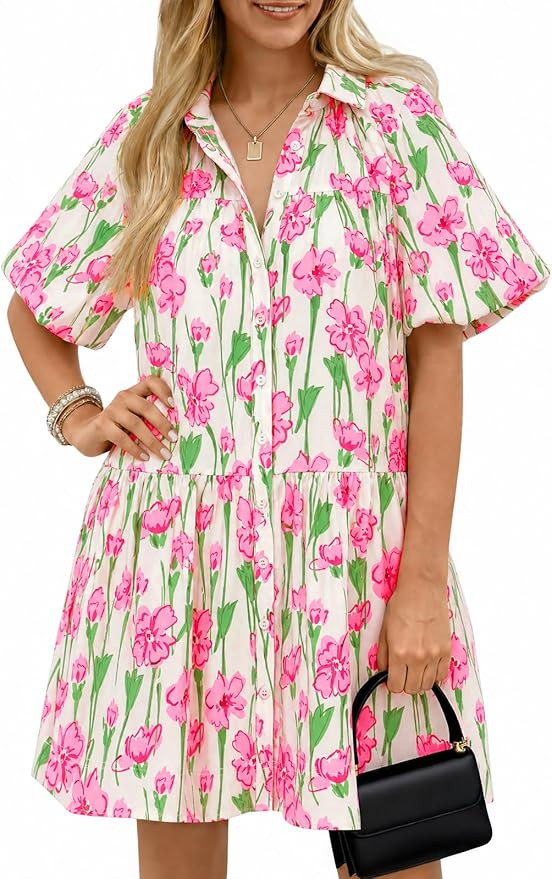 Wenrine Women's Summer Button Down Shirt Dress Floral Puff Short Sleeve Casual Loose Fit Beach Mi... | Amazon (US)