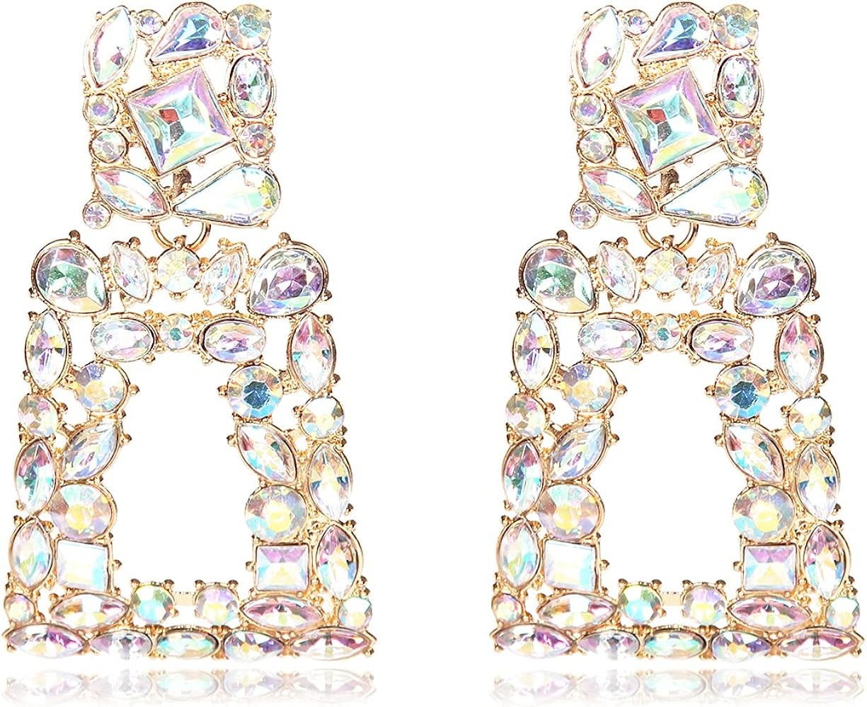Rhinestone Rectangle Dangle Earrings for Women Sparkly Crystal Geometric Drop Statement Earrings KEL | Amazon (US)