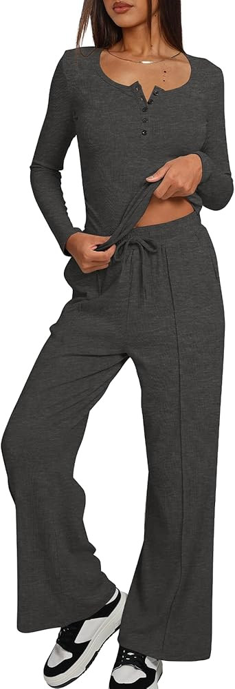 Darong Women's Fall Trendy 2 Piece Outfits Lounge Sets Long Sleeve Top Henley Shirts Wide Leg Pan... | Amazon (US)