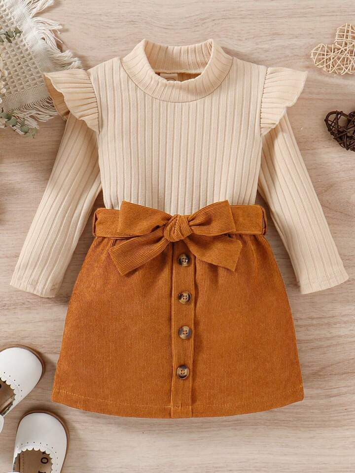 Young Girl Ruffle Trim Tee & Belted Skirt | SHEIN