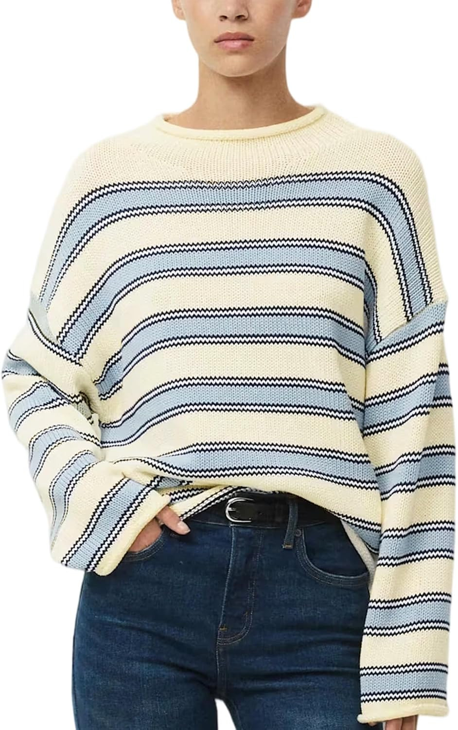 Womens Striped Roll Neck Sweater Oversized Cotton Sweaters | Amazon (US)