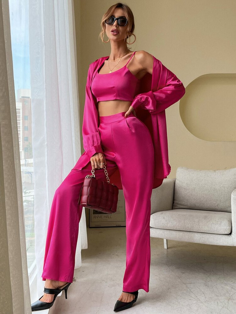 Drop Shoulder Satin Coat & High Waist Slant Pocket Pants With Camisole | SHEIN