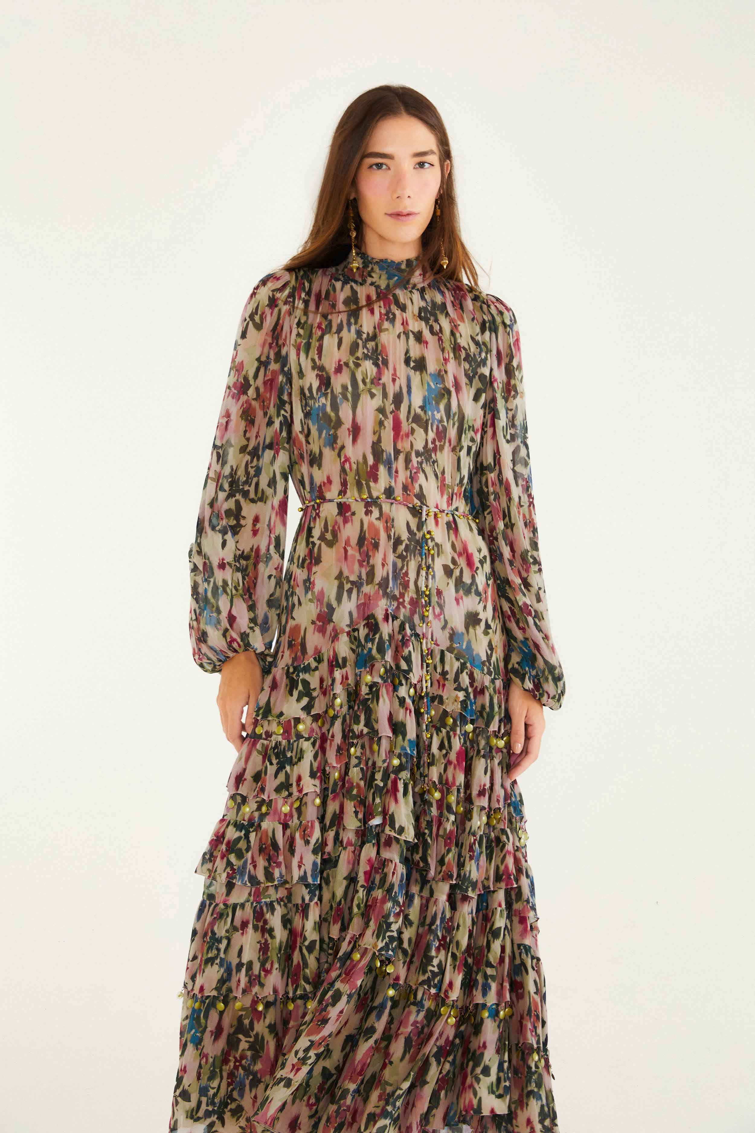 Pink Blurred Tiny Flowers Long Sleeve Maxi Dress | FARM Rio | FarmRio (US)