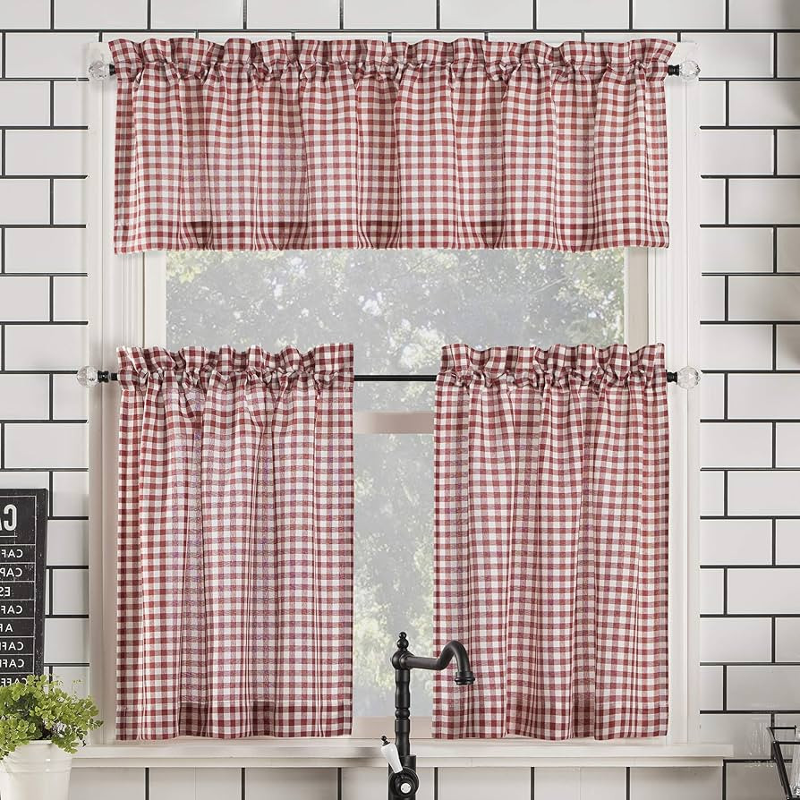 No. 918 Parkham Farmhouse Plaid Semi-Sheer Rod Pocket Kitchen Curtain Valance and Tiers Set, 54" ... | Amazon (US)