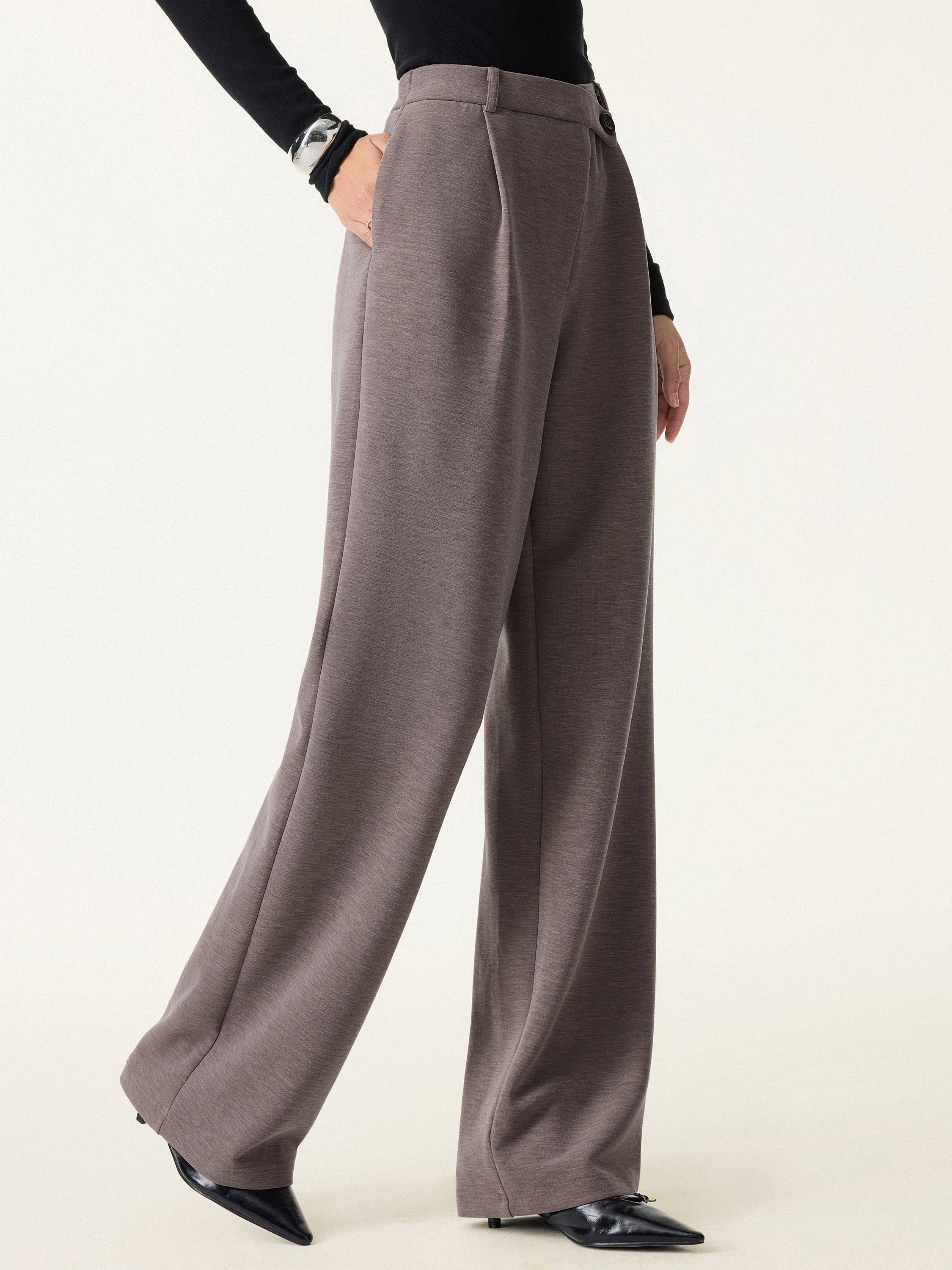 Cozy Warm High Rise Slanted Fly Front Wide Leg Pants | OGLmove