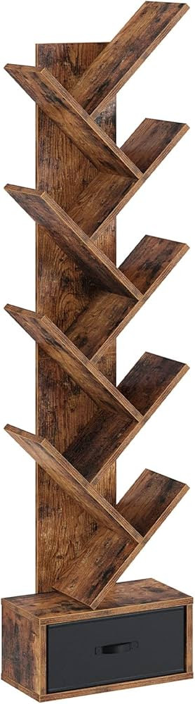 Rolanstar Bookshelf with Drawer, 9-Tier Tree Bookshelf, Rustic Brown Bookcase, Wooden Storage Rac... | Amazon (CA)