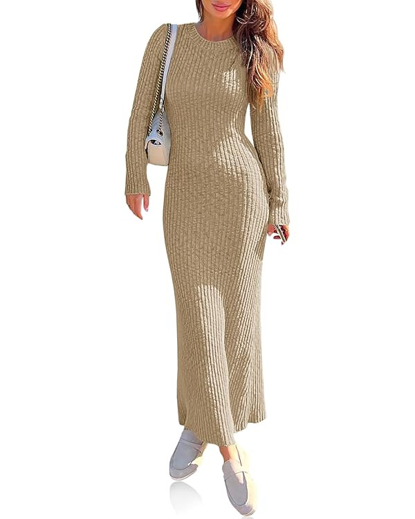 Wenrine Womens Sweater Maxi Dress Long Sleeve Knit Ribbed Crew Neck Slim Fit Casaul Fall Long Dre... | Amazon (US)