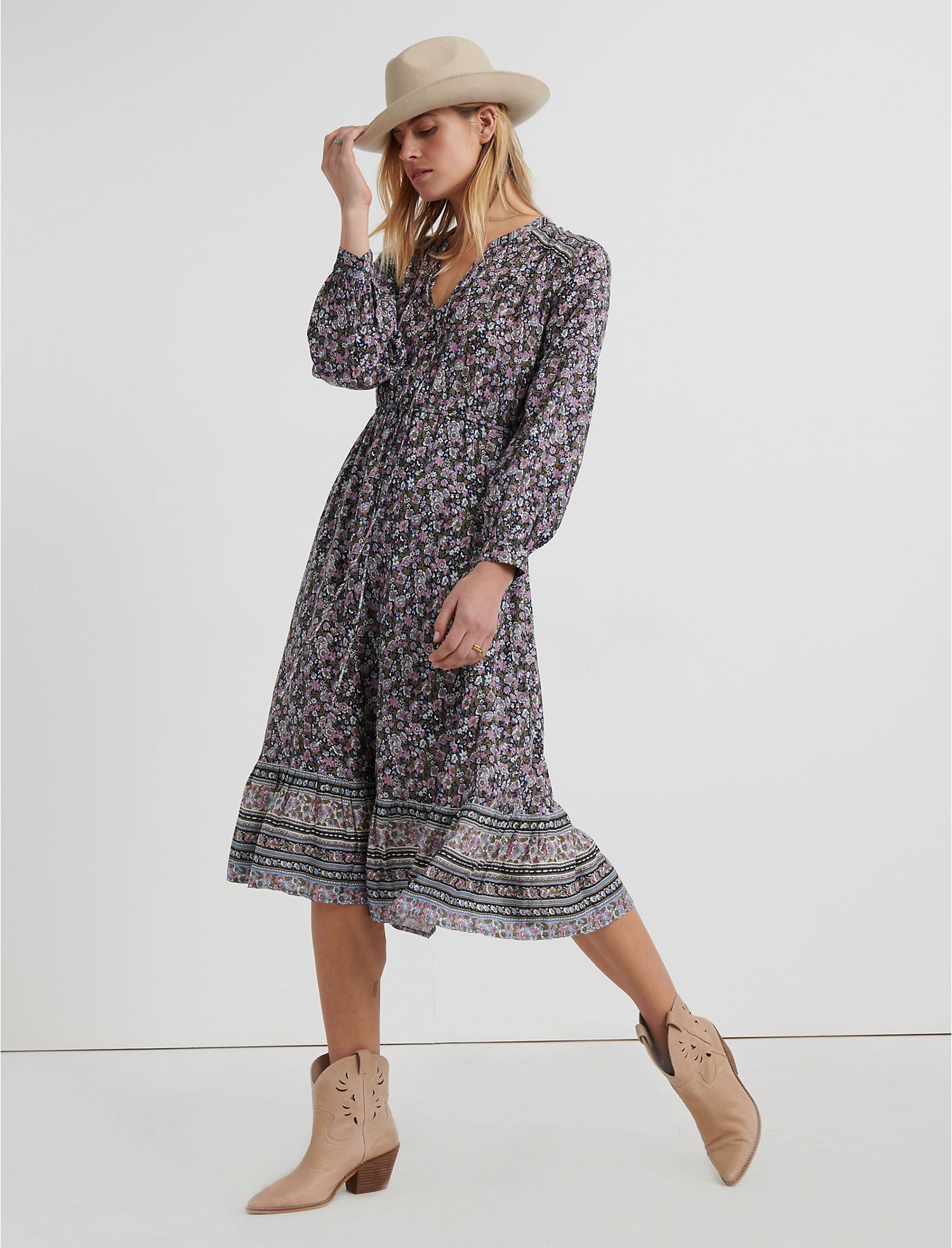 Long Sleeve Border Print Midi Dress | Lucky Brand | Lucky Brand