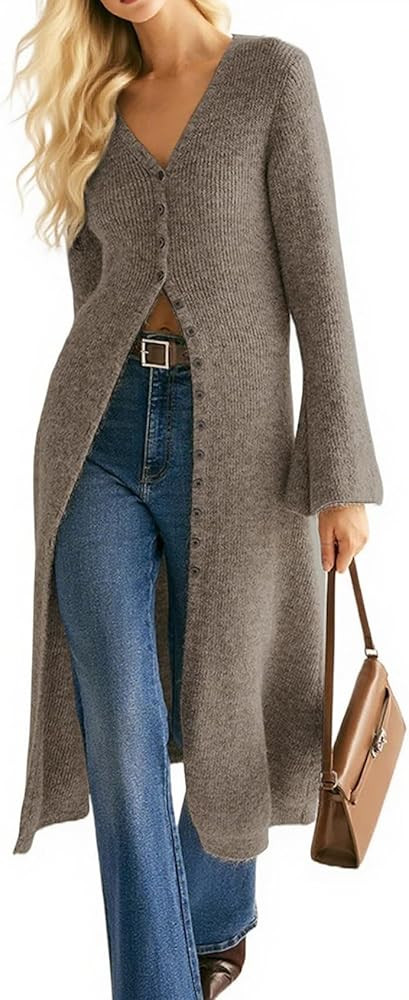 Womens Long Cardigan Sweaters Button Down Bell Sleeve Open Front Ribbed Knit Midi Dress Fall Tren... | Amazon (US)