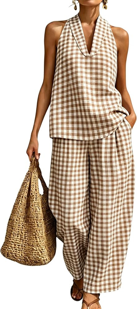 QIBABU Womens Summer Gingham 2 Piece Set Halter Neck Sleeveless Top Pant Sets Casual Cotton Loung... | Amazon (US)
