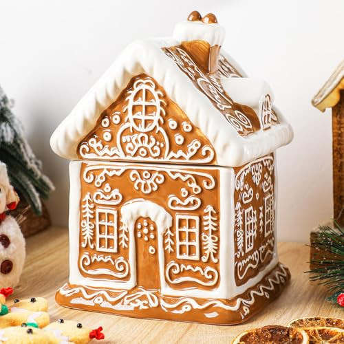 Chunful Gingerbread House Christmas Candy Jar with Lid 9.3 Inch Ceramic Christmas Cookie Jar Decorative Treats Storage Container for Holiday Kitchen Xmas Decoration Gift Counter | Amazon (US)