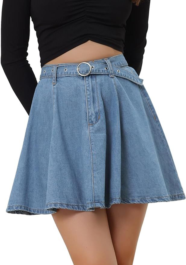 Allegra K Women's Casual Denim Skirt High Waist A-Line Flared Mini Jean Skirts with Belt | Amazon (US)