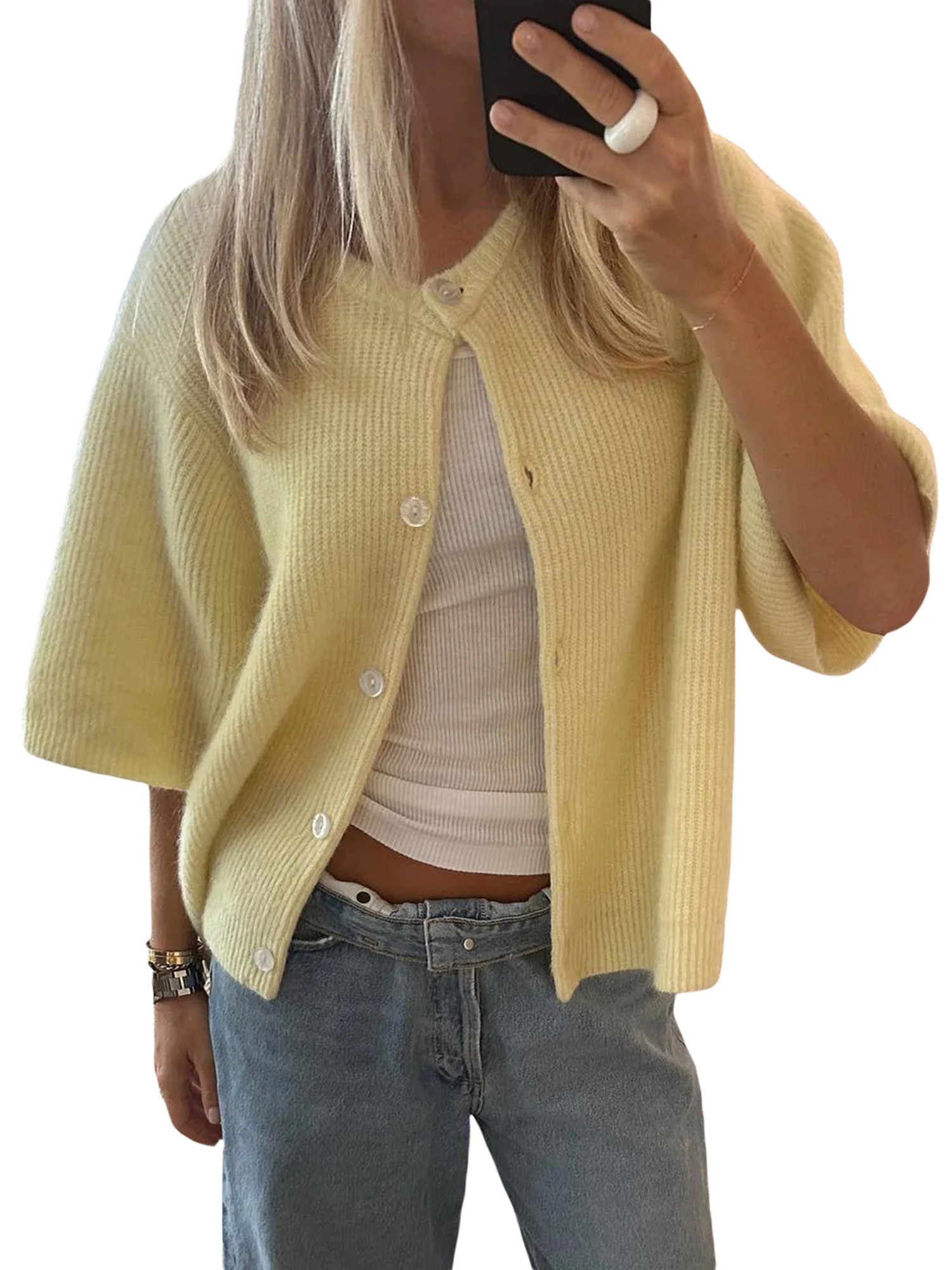 Hirigin Women's Solid Color Cardigan Short Sleeve Button Down Sweater | Walmart (US)