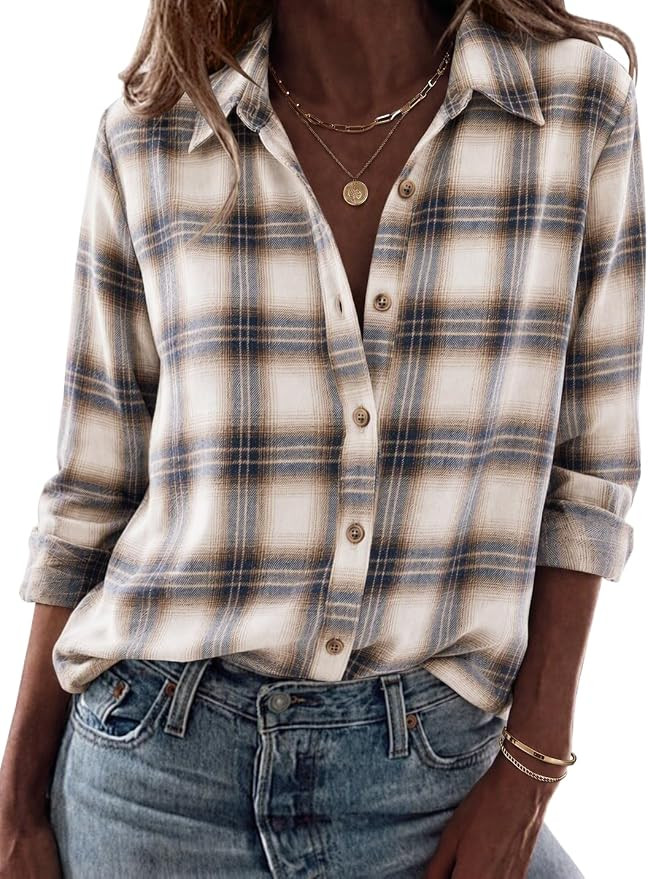 Zeagoo Flannel Shirt Women Long Sleeve Plaid Button Down Fall Work Blouses | Amazon (US)