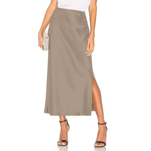 AIIYYQB Womens Summer Long Satin Silk Skirt Elastic High Waist A Line Skirts Cocktail Party Wedding Midi Skirts Light Khaki | Amazon (US)
