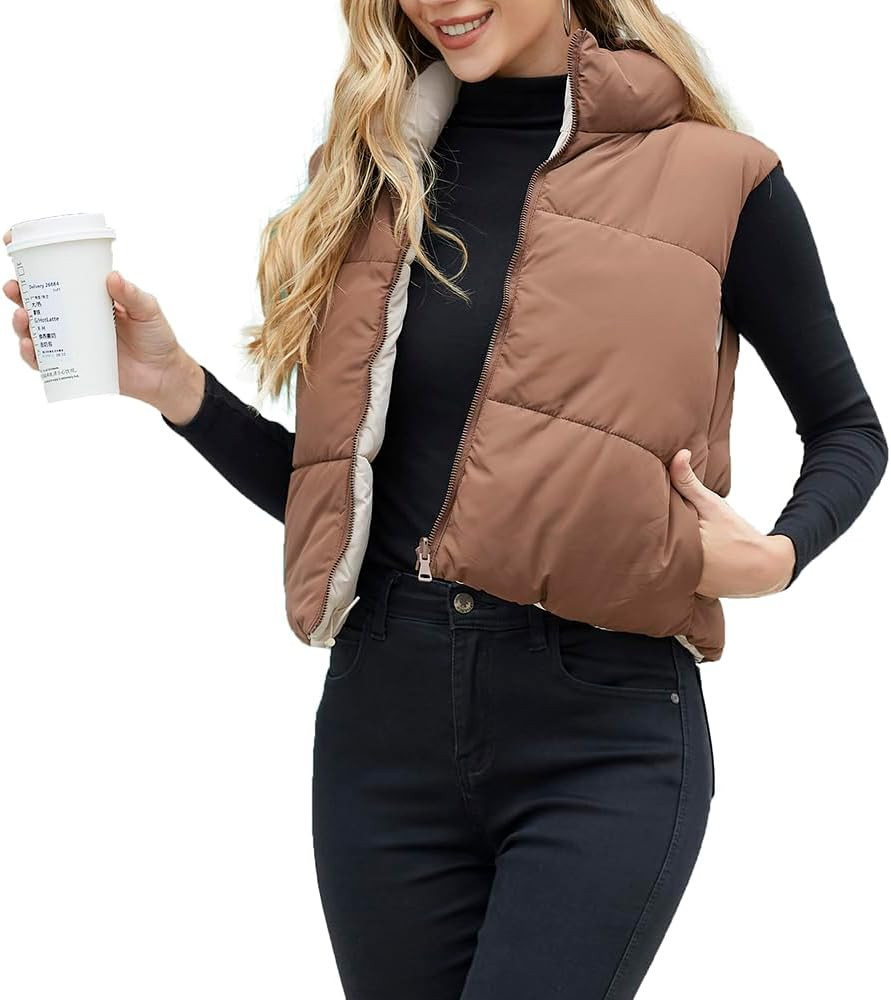AJUVEN Women's Winter Crop Vest Lightweight Reversible Warm Outerwear Puffer Vest Padded Gilet | Amazon (US)
