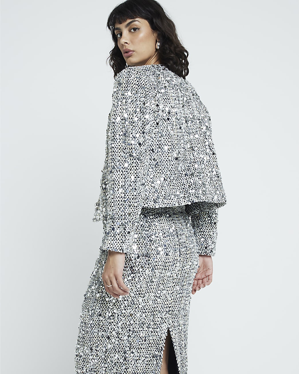 Silver Sequin Collarless Jacket | River Island UK & IE
