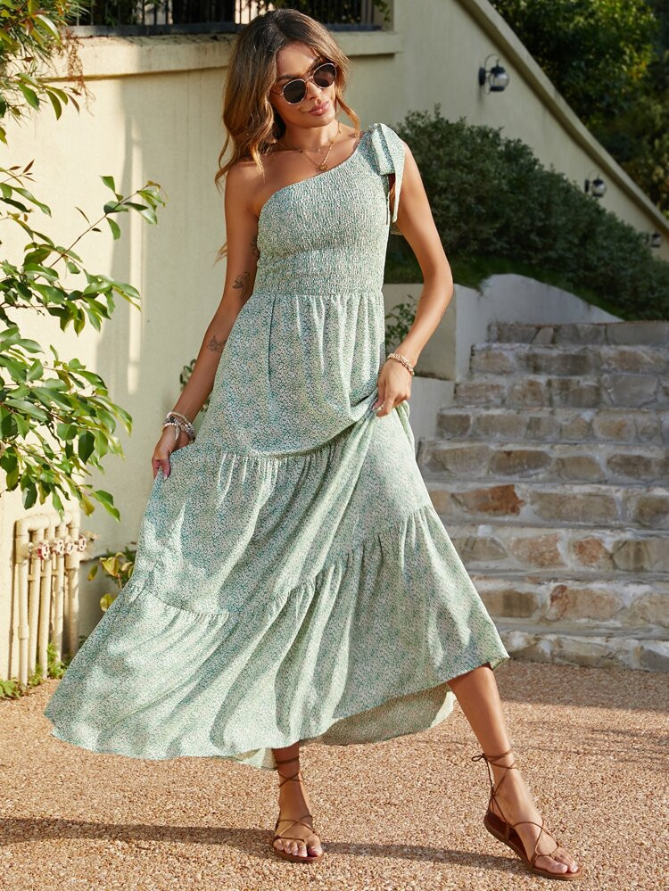 Ditsy Floral Knot One Shoulder Ruffle Hem Dress | SHEIN