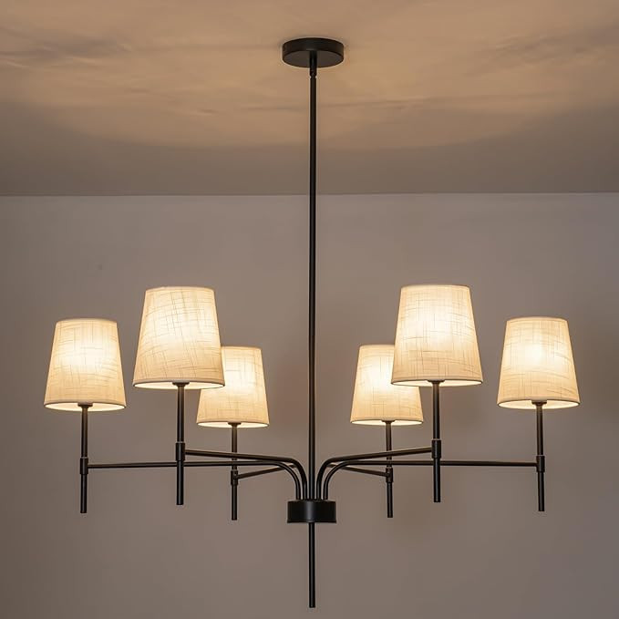 2026 New Black Farmhouse Chandelier with White Fabric Shade, 34" 6-Light Transitional Modern Chan... | Amazon (US)