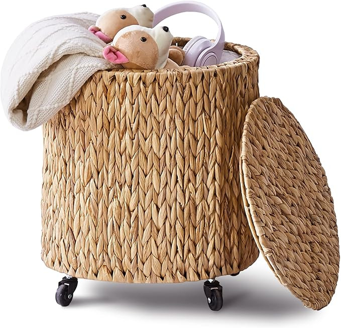 Wimarsbon Vintage Storage Basket, Multipurpose Rolling Hamper With Brakable Wheels and Lid, Braid... | Amazon (US)