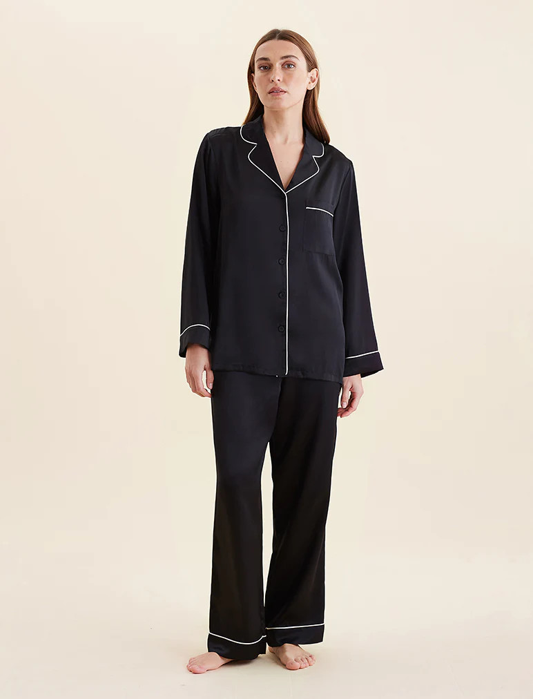 Papinelle | Washable Silk Piped Pajamas in Black | Papinelle Sleepwear US