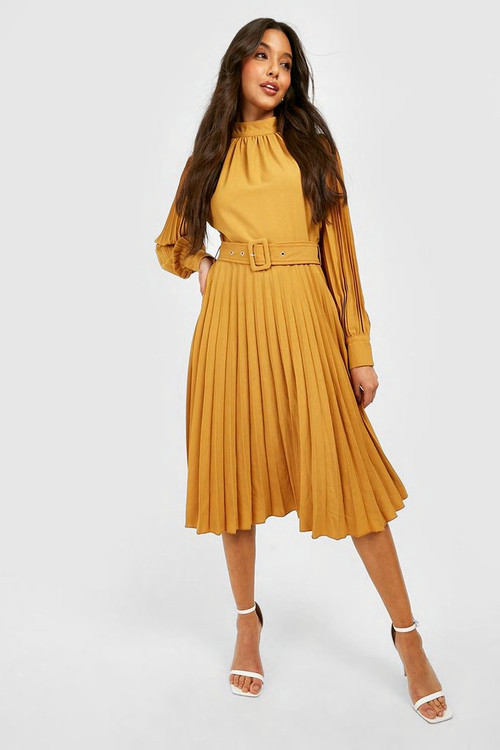 Pleated High Neck Belted Midi Dress | Boohoo.com (US & CA)