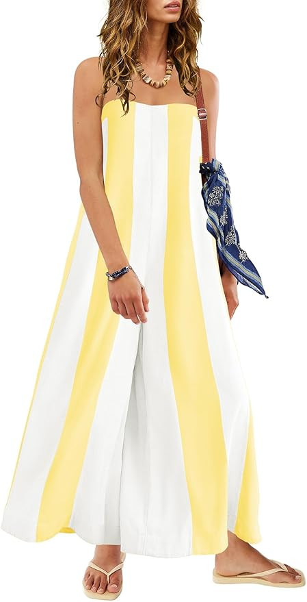 ReachMe Womens One Piece Fall Jumpsuits Strapless Tube Wide Leg Pants Striped Romper with Pockets... | Amazon (US)