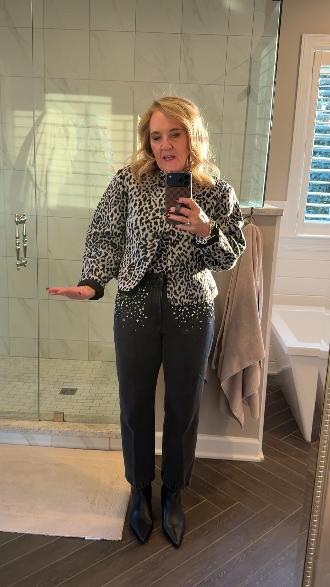 @loft snow leopard has arrived! 
Jacket size medium petite 
Turtleneck size medium 
Jeans 29/8 petite size up if inbetween 

#LTKSaleAlert #LTKOver40 #LTKSeasonal