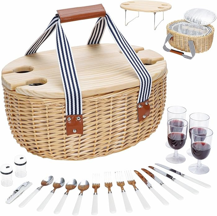 Picnic Basket for 4, Insulated Wicker Hamper with Folding Table, Willow Picnic Baskets Set with L... | Amazon (US)