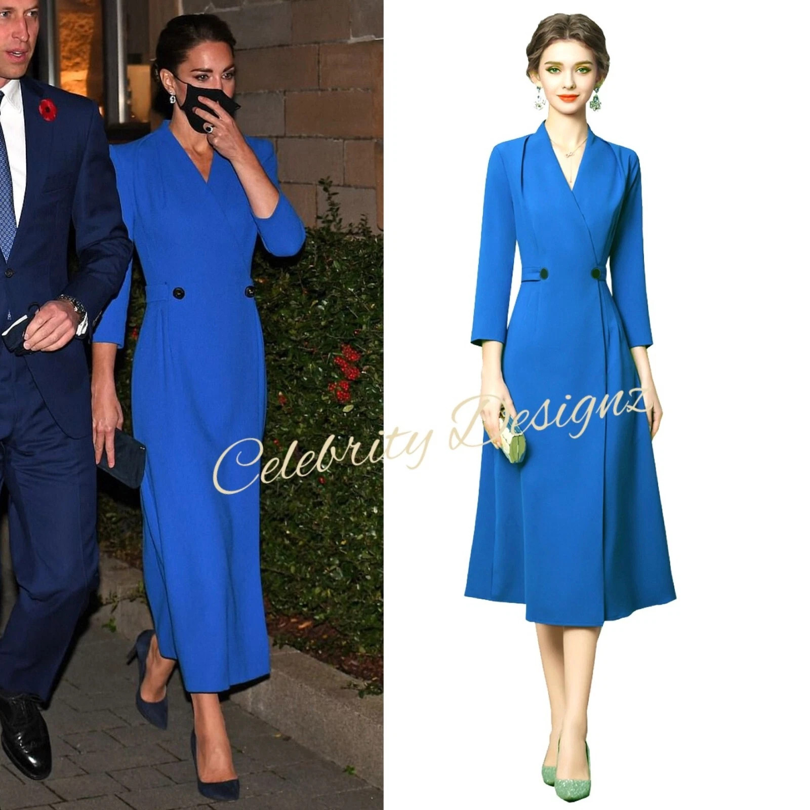 Royal Style Blue Wrap Coat Dress 3/4 Sleeve Double-Breasted – Elegant OfficeWear | eBay | eBay US