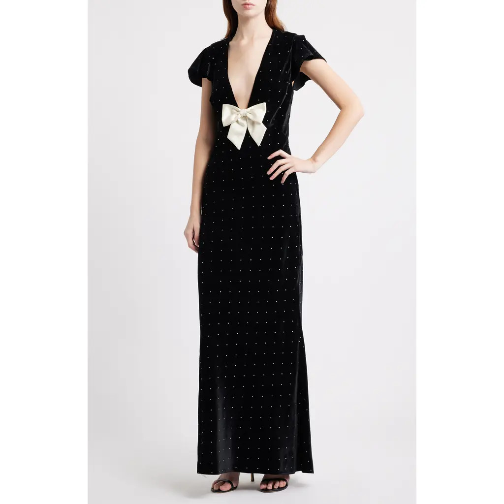 LoveShackFancy Melora Rhinestone Bow Velvet Maxi Dress in Black at Nordstrom, Size 4 | Nordstrom