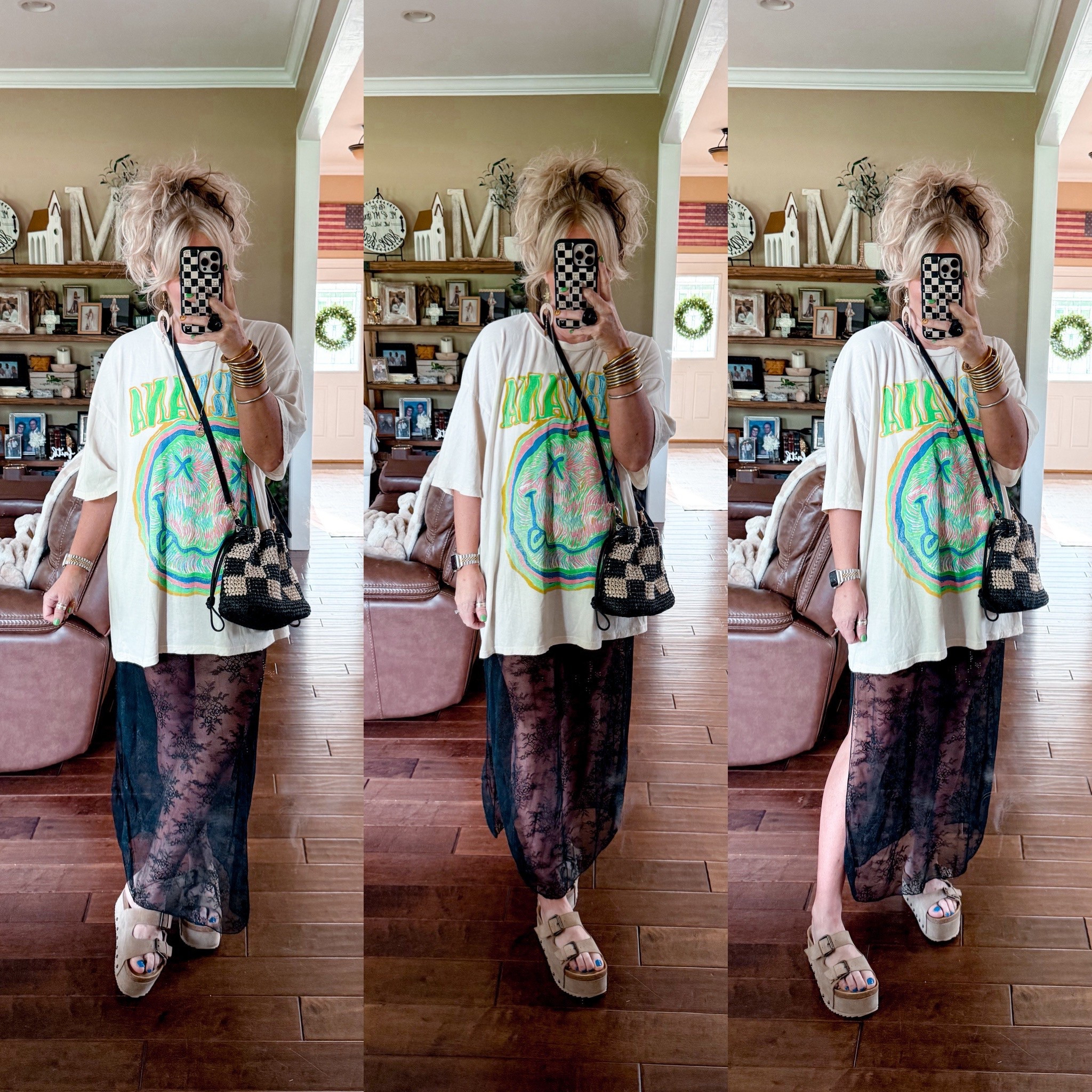 Oversized tee and lace skirt style! Love this skirt is so cute! A long oversized tee is perfect over it! 
Tee - sold out but it’s a men’s XL 
Skirt - I sized up to a large 
Bike shorts - medium 
Sandals - true to size 


#LTKStyleTip #LTKFindsUnder50 #LTKOver40