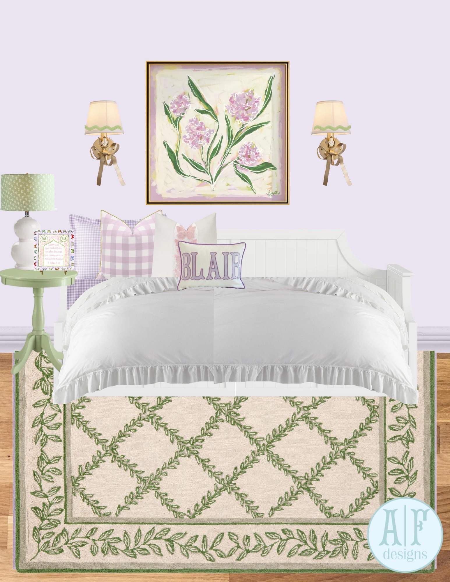 a precious lavender and green little girl’s room! loving these soft colors and girly, floral touches🪻💜🌸💚 
paint color: BM 2071-70 misty lilacc

#LTKSaleAlert #LTKKids #LTKHome