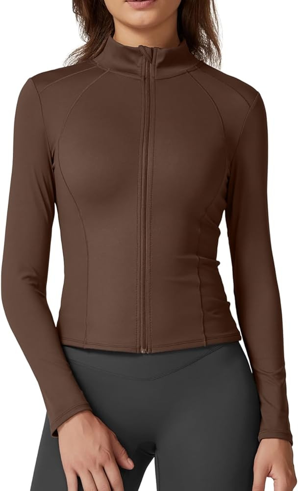 QINSEN Women's Full Zip Athletic Jacket Long Sleeve Double Lined Cropped Active Yoga Tops | Amazon (US)