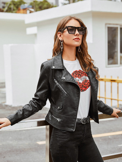 PU Lapel Neck Zipper Biker Jacket | SHEIN