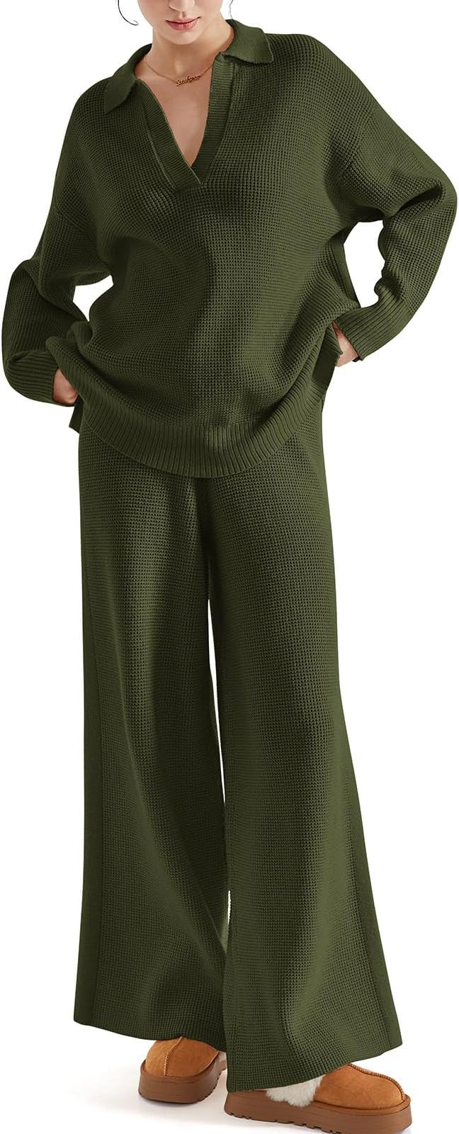 SUUKSESS Women 2 piece Fall outfits Matching Lounge Set Waffle Knit Sweater sets | Amazon (US)