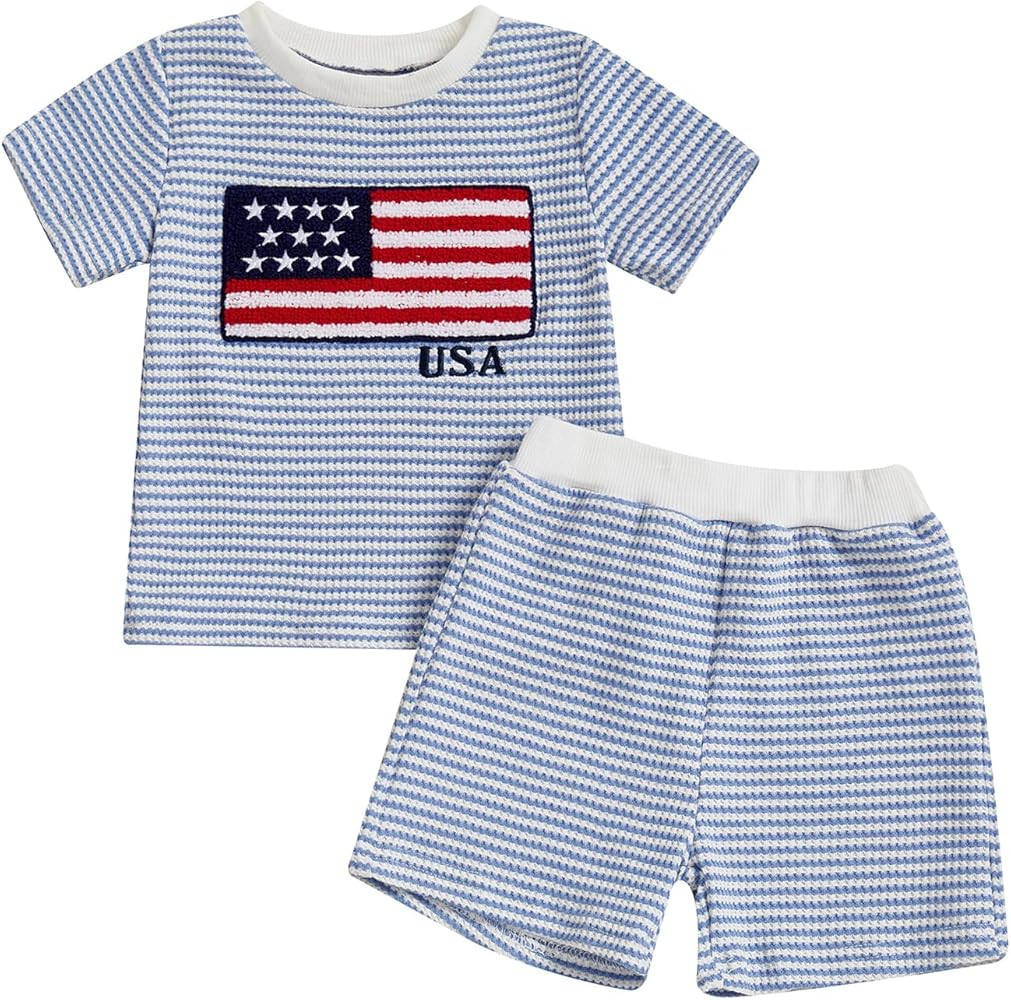 Karuedoo 4th of July Toddler Baby Boy Outfit USA Flag Embroidery Stripe Waffle Knit Short Sleeve ... | Amazon (US)