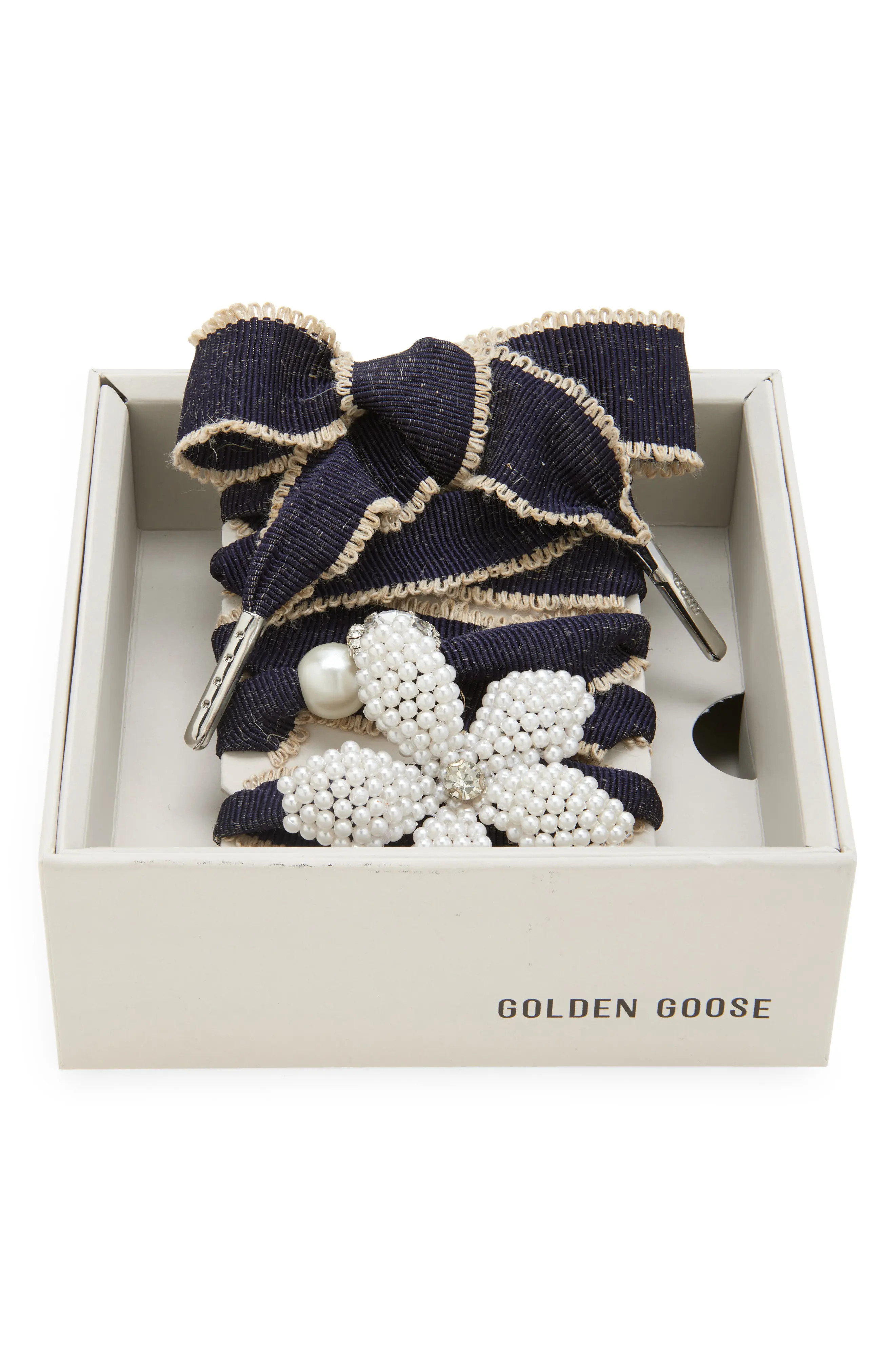 Golden Goose Skins Stripe Crystal & Faux Pearl Charm Shoelaces in Black/Cream at Nordstrom | Nordstrom