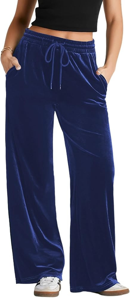 Herseas Women's Velvet Pants Drawstring Waist Wide Leg Casual Lounge Pant | Amazon (US)