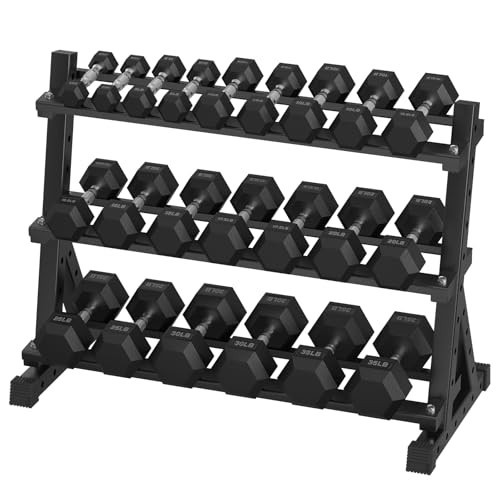HANDBODE Dumbbell Set with Rack Rubber Encased Hex Dumbbell Free Weights Dumbbells Set Home Weight Set with 3-Tier Dumbbell Rack (360 lb) | Amazon (US)
