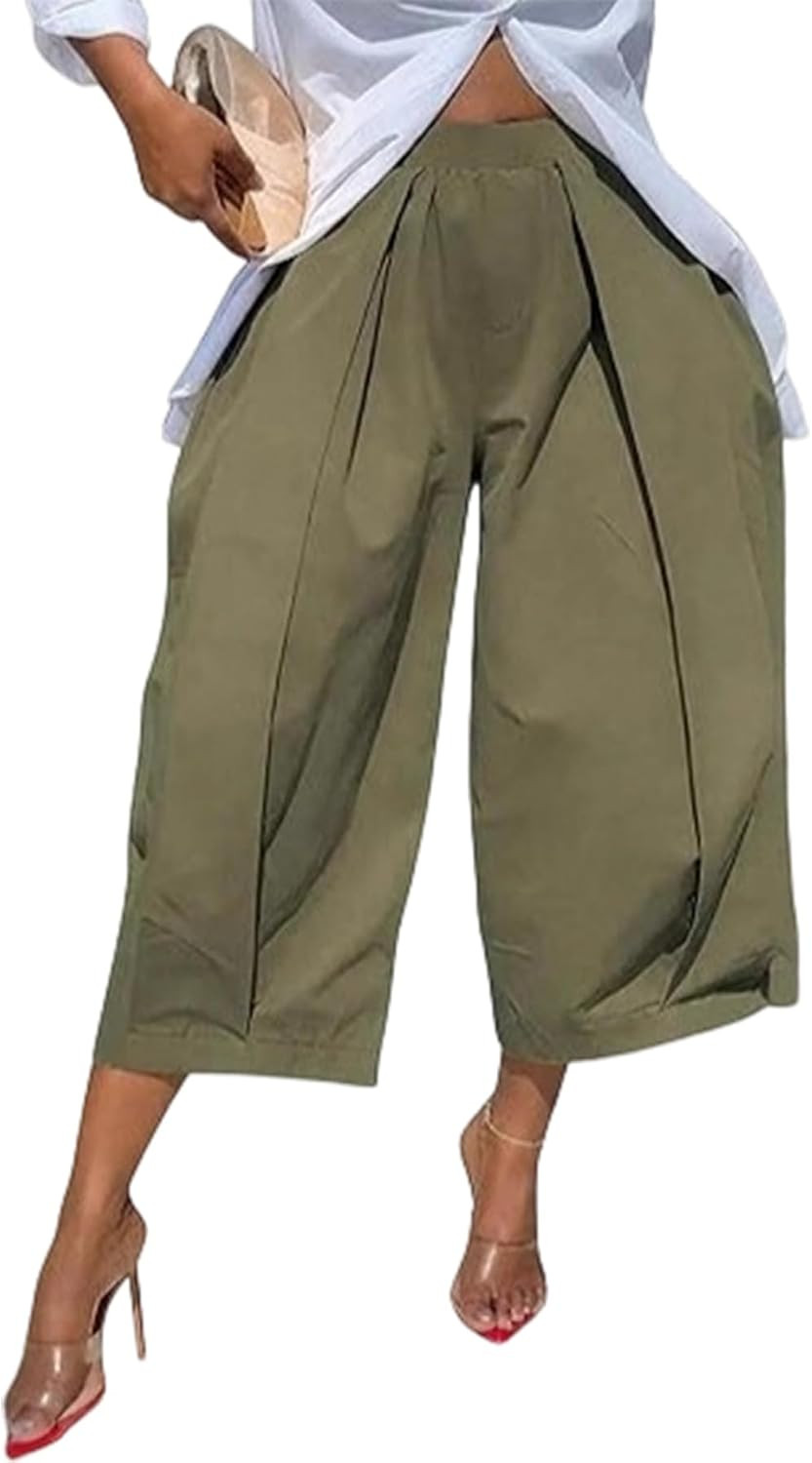 LETSVDO Women Wide Leg Palazzo Capri Pants High Waist Baggy Barrel Balloon Pleated Gaucho Crop Trousers Long Shorts Jorts | Amazon (US)