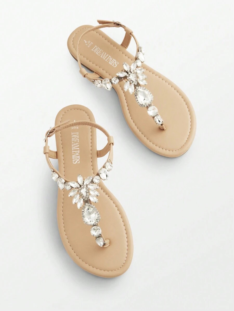 Flat Sandals For Women Dressy Rhinestone T-Strap Thong Flat Sandals For Summers Dress Beach | SHEIN