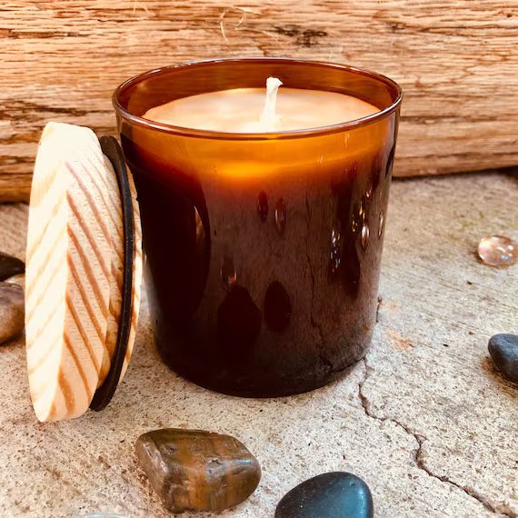 Pure organic beeswax candle in an amber glass jar topped with a wooden lid-100% Pure Beeswax arom... | Etsy (US)