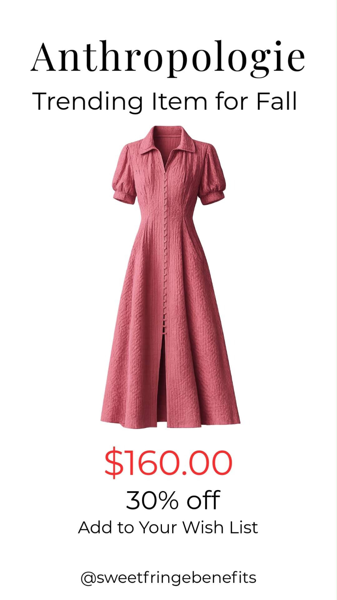 This textured midi shirtdress from Anthropologie is one of my favorite trending finds for fall! The flattering fit-and-flare silhouette, puff sleeves, and rich textured fabric make it an effortless choice for everything from brunch to fall events. Plus, it's 30% off right now!

💡 LTK MADE EASY
❤️ Heart = Support my posts!
🔖 Save = Get sale & restock alerts
📋 Lists = Keep favorites organized
📲 Share = Send lists and products to a friend. Hello, Christmas List!
💬 Comment = Ask me anything about what I'm wearing.:-) 

 #LTKSeasonal #LTKActive #LTKOver40