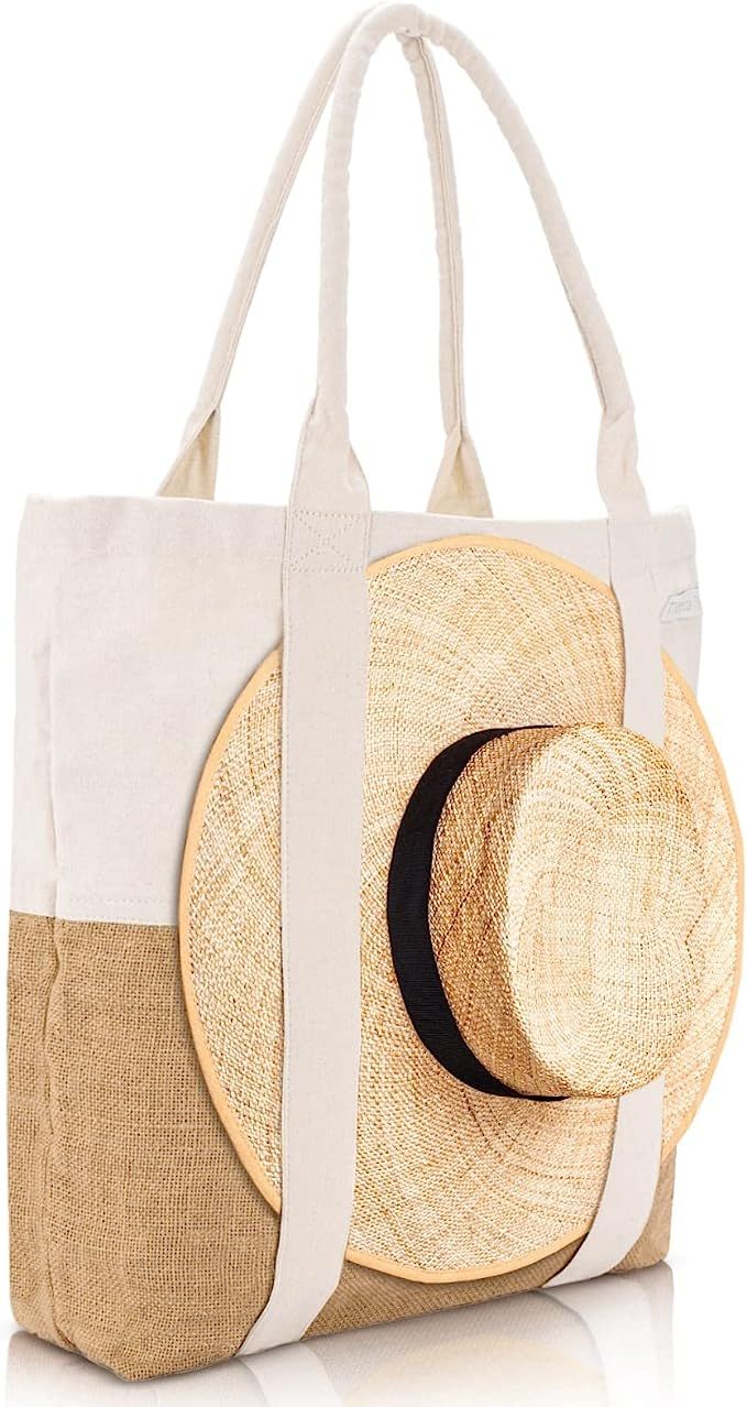 TRIBECA TRIBE Beach Bag - Large Woven Beach Tote Bag - Boho Chic Travel Tote Bag With Hat Holder ... | Amazon (US)