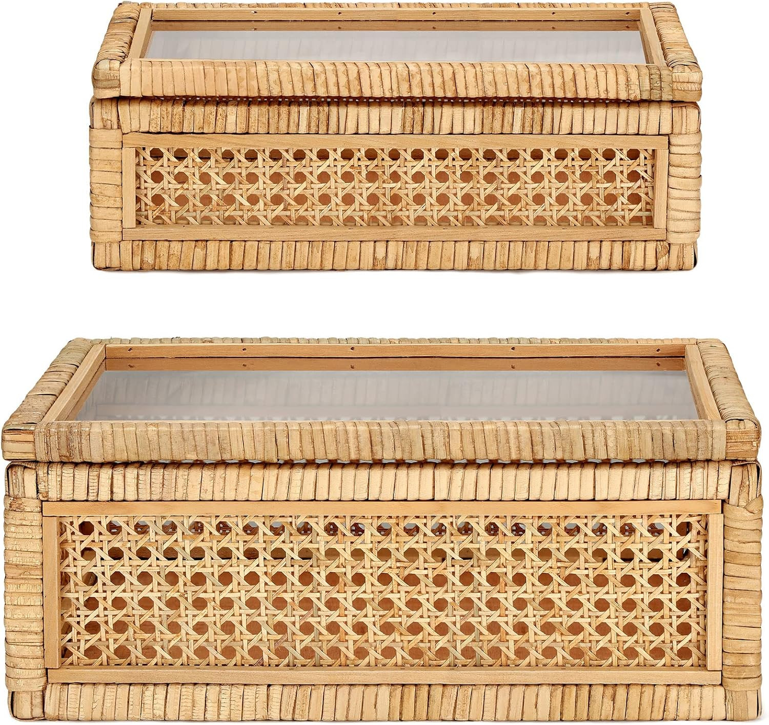 Set of 2 Boho Rectangular Rattan Decorative Boxes with Glass Lids Woven Cane and Rattan Display B... | Amazon (US)