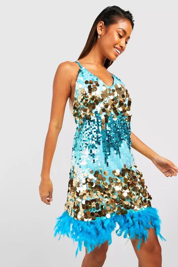 Ombre Sequin Feather Slip Party Dress | boohoo (US & Canada)