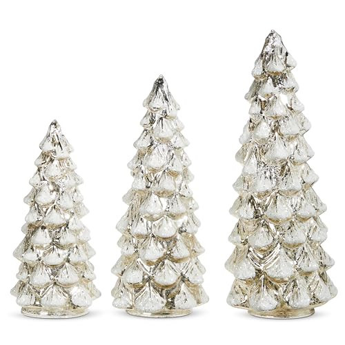 One Holiday Way Set of 3 (12", 10", 8.25") LED Lighted Silver Mercury Glass Christmas Trees for Tabletop w/Snow & Timer – Vintage Xmas Table Mantle Shelf Decor | Amazon (US)