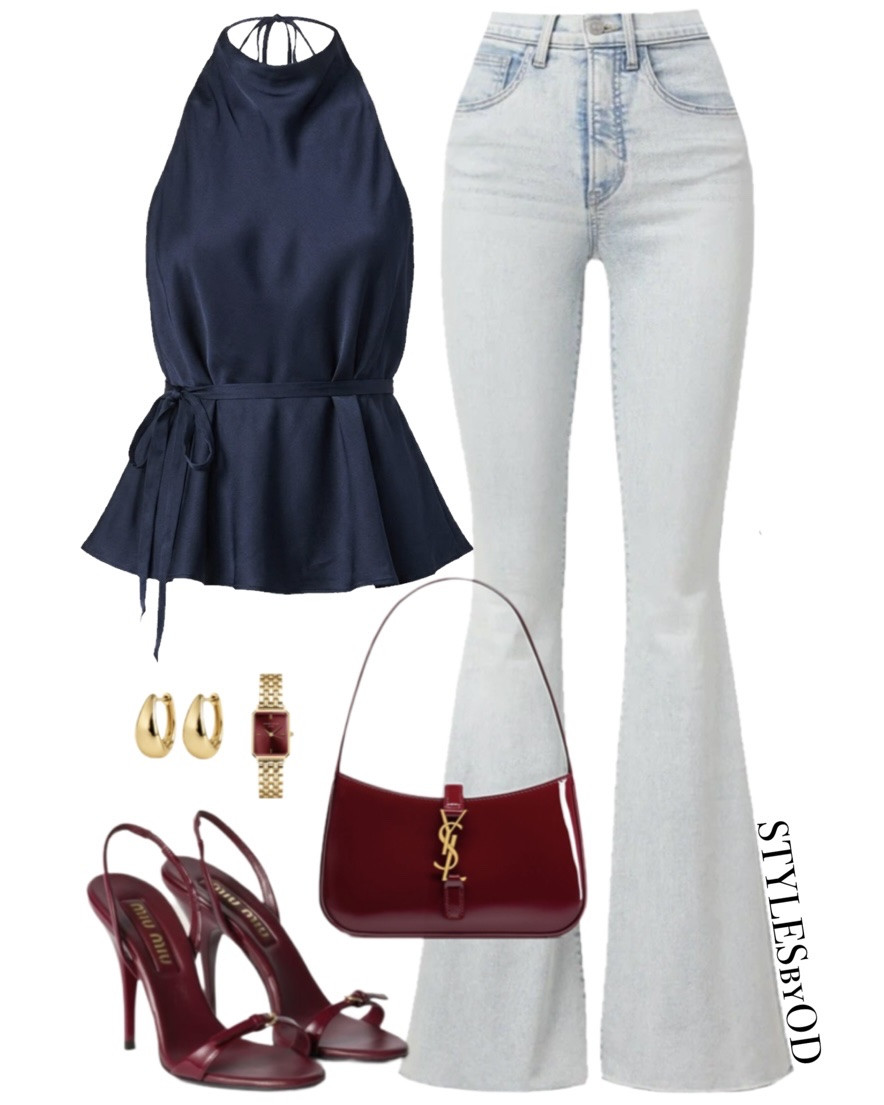 PARISIAN CHIC DATE NIGHT OUTFIT🫐🍷

The ultimate chic "jeans and a nice top" formula for your next night out✨

A draped navy satin halter top with a cinched tie waist creates a flattering silhouette, paired with ultra-light wash flare denim to elongate the legs. Deep cherry lacquer accents—a glossy shoulder bag and matching burgundy slingback sandals—add an unexpected, rich contrast, finished with chunky gold hoops and a vintage-inspired watch.

#LTKstyletip #LTKjeans #LTKautumn #LTKeurope #LTKworkwear #LTKdatenight #LTKFashionMonth