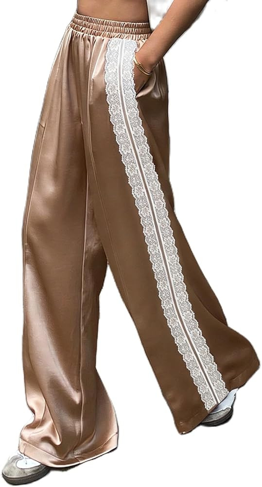 Women Satin Silk Lace Trim Pants Y2k Elastic Waist Wide Leg Pj Lounge Boxer Bottoms Trendy Causal... | Amazon (US)